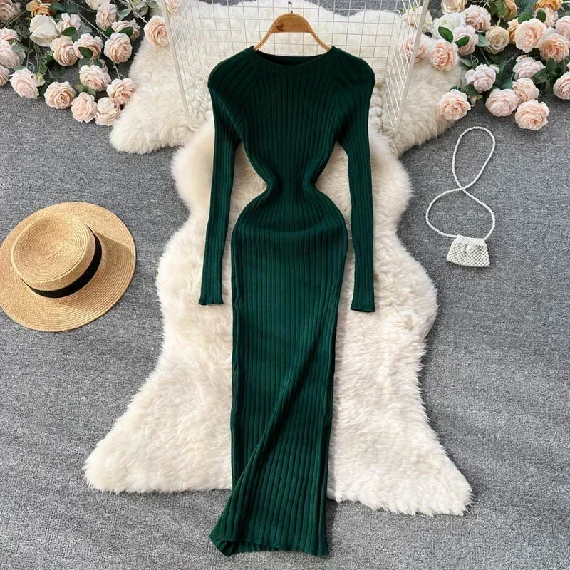 

Winter Long Sweater Dress Long Sleeve Knitted Dress Autumn Sexy Bodycon Women Woman O Neck Slim Casual Dresses Vestidos 29656