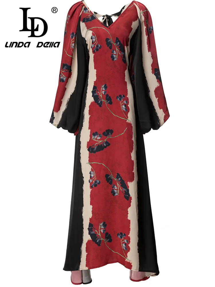 

LD LINDA DELLA Autumn Bohemia elegant luxury Dress Women's Flower Color V-Neck tie-dye Print Splice Party Long Dress