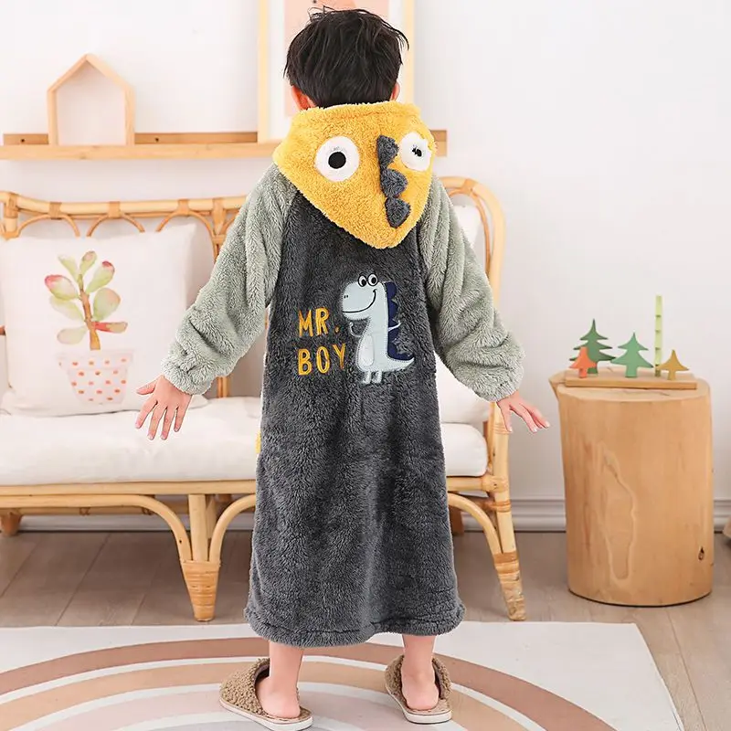 Fashion Boys Girls Winter Pajamas Hooded Cartoon Bathrobe Flannel Robe Set Kids Children Sleepwear Coral Velvet Home Clothes