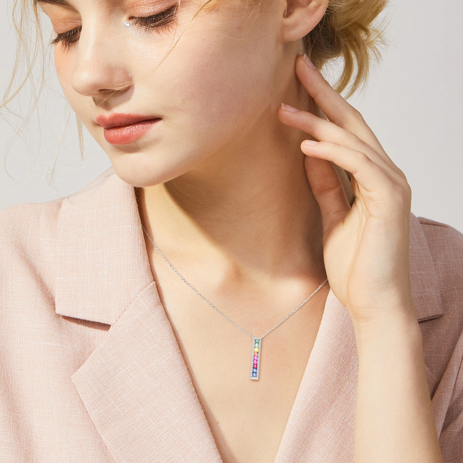 GZ ZONGFA 925 Sterling Silver Necklaces for Women 2.0ct Created Gemstone Vertical Colorful Bar Pendant Necklace Fine Jewelry
