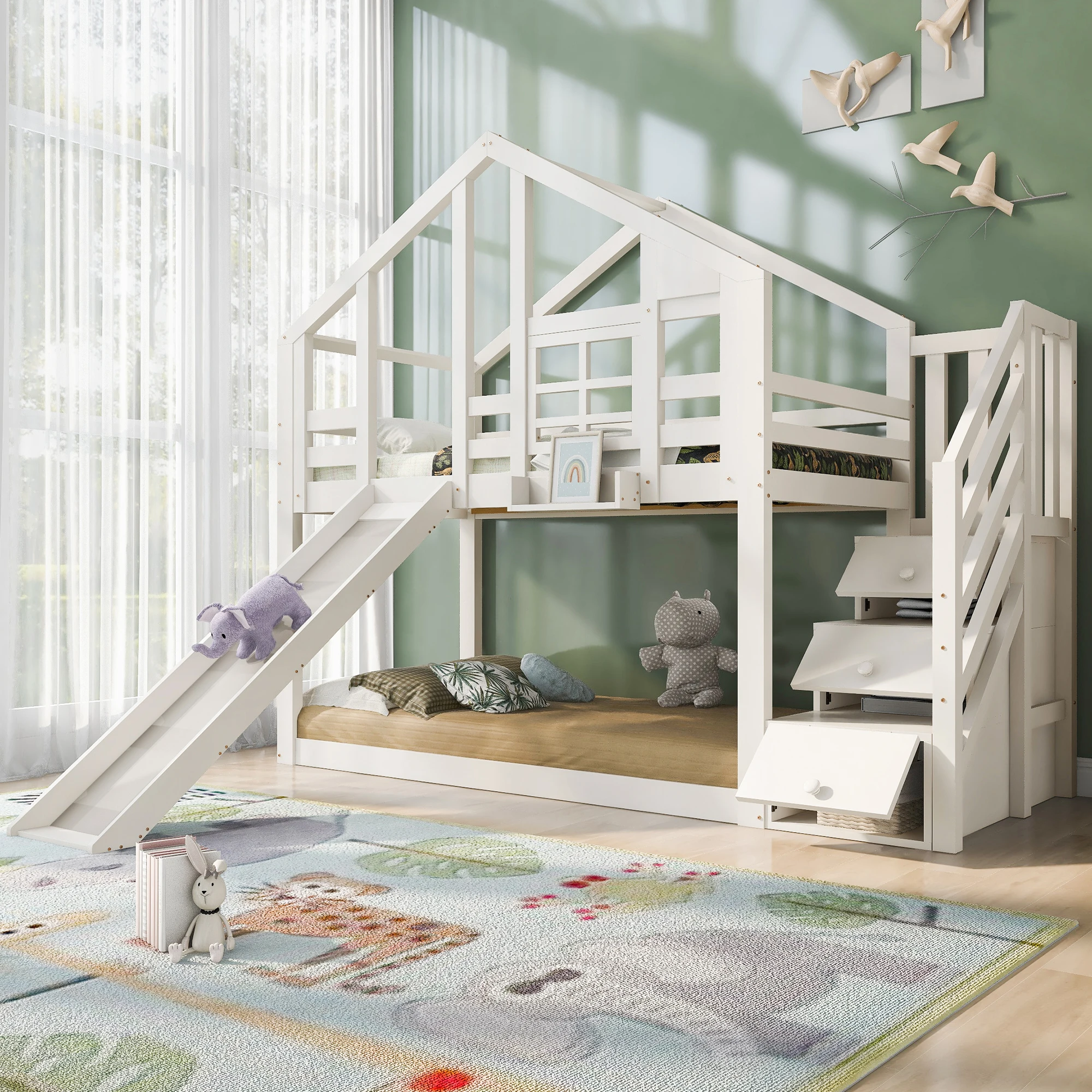 Kinder-Baumhausbett 90 x 200 cm, Etagenbett für Kinder im Fensterdesign mit Rutsche und Absturzsicherung, Weiß – Detail 11