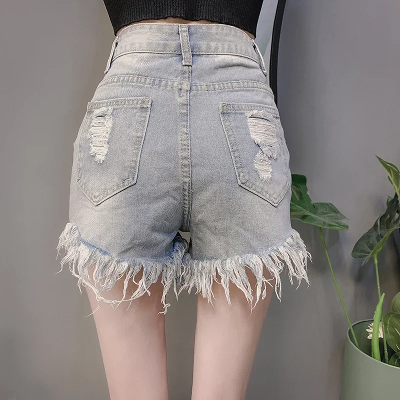 Club Distressed Ripped Korean Fashion Summer Sexy 2024 Women Denim Shorts Loose Casual High Waist Wide-legged Pearl Shorts Jeans