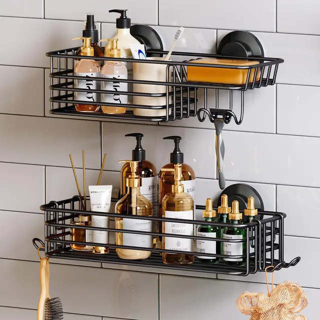 TAILI Shower Caddy Suction Cup 2 Pack with Hooks & Soap Holder, Heavy Duty Bathroom Shower Organizer, No Drilling Shower Shelves