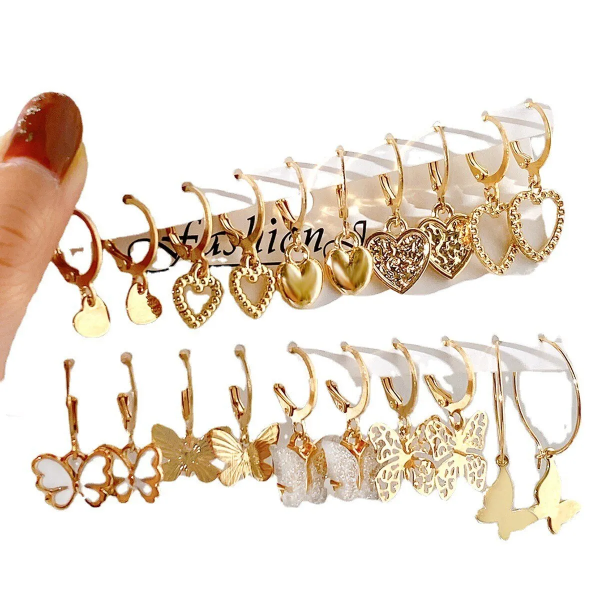 Butterfly Earrings 10pcs Women Earrings New Creative Simple Fashion Temperament Hollowed-out Butterfly Love Earrings Gold-color