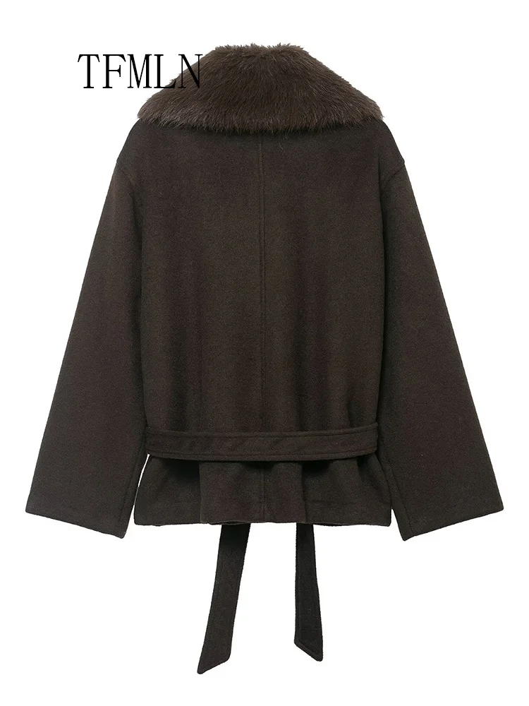 Oversiz Women Causa Cropped Jacket With Belt Chic Faux Fur Collar Long Sleeve Coat Retro High Street Outwear 2025 Autumn Winter