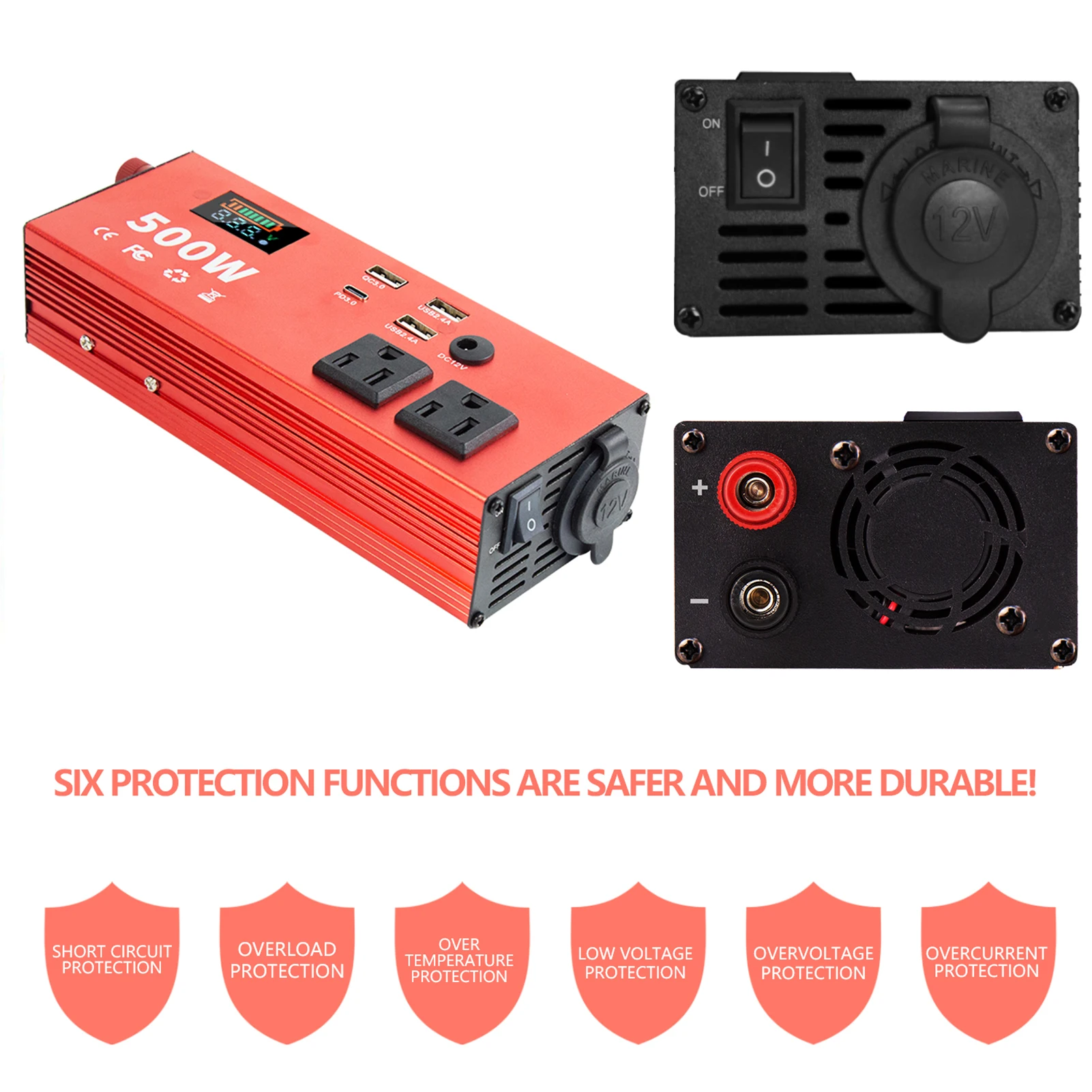 

Car Charger 500W Power Inverter DC 12V to AC 110V Car Power Inverter with Type-C USB Ports 1 Cigarette Lighter Socket