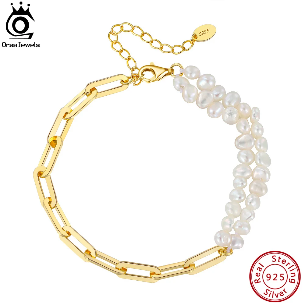 

ORSA JEWELS 925 Sterling Silver Natural Pearls Double Strand Bracelet with Chunky Paper Clip Link Chains for Women Jewelry GPB04