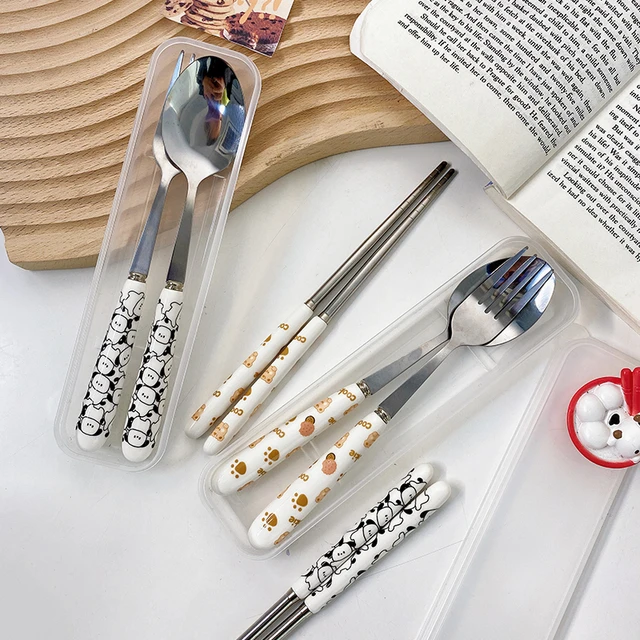 Cute Strawberry Korean Chopsticks Spoon Fork Cutlery Set Stainless Steel  Travel Tableware With Case Portable Kitchen Utensils - AliExpress