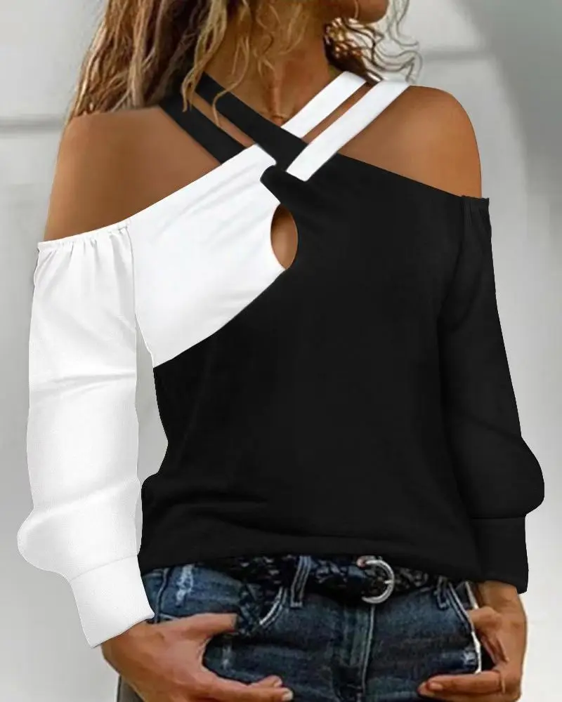 

Sexy Off Shoulder Cross Halter Womens Office Shirts Autumn Hollow Out Long Sleeve Patchwork Loose Fashion Woman Blouses 2023