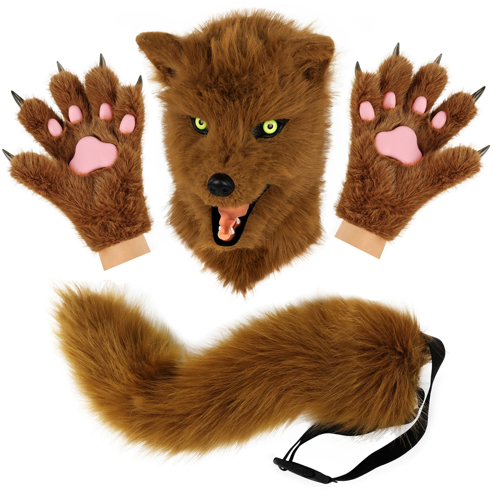 Animal Dog Head Mask Realistic Furry Plush Tail Claw Gloves Full Wolf Masks for Halloween Party Carnival Cosplay
