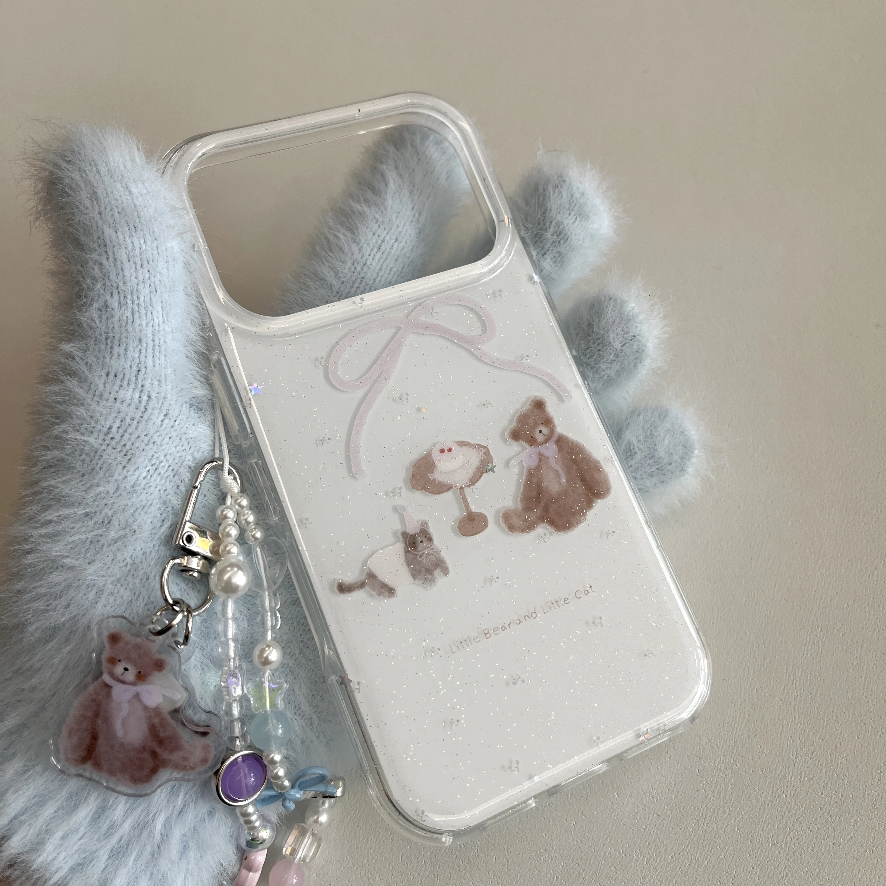 Sparkling Pink Bowknot Animal Beads Chain Phone Case Back Cover