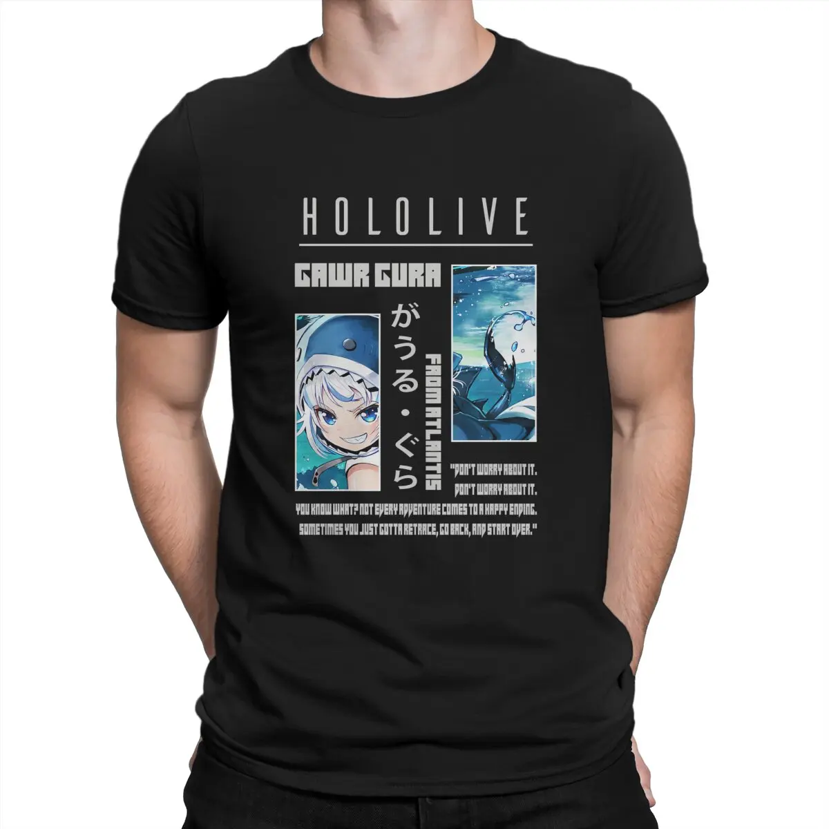 

Hololive Men TShirt Gawr Gura Cartoon O Neck Tops Fabric T Shirt Humor High Quality Birthday Gifts