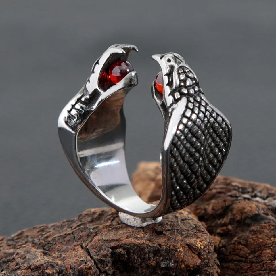 Men's Stainless Steel King Cobra Snake Ring With Red Agate Stone - Size 10, Punk Vintage Style - View #7
