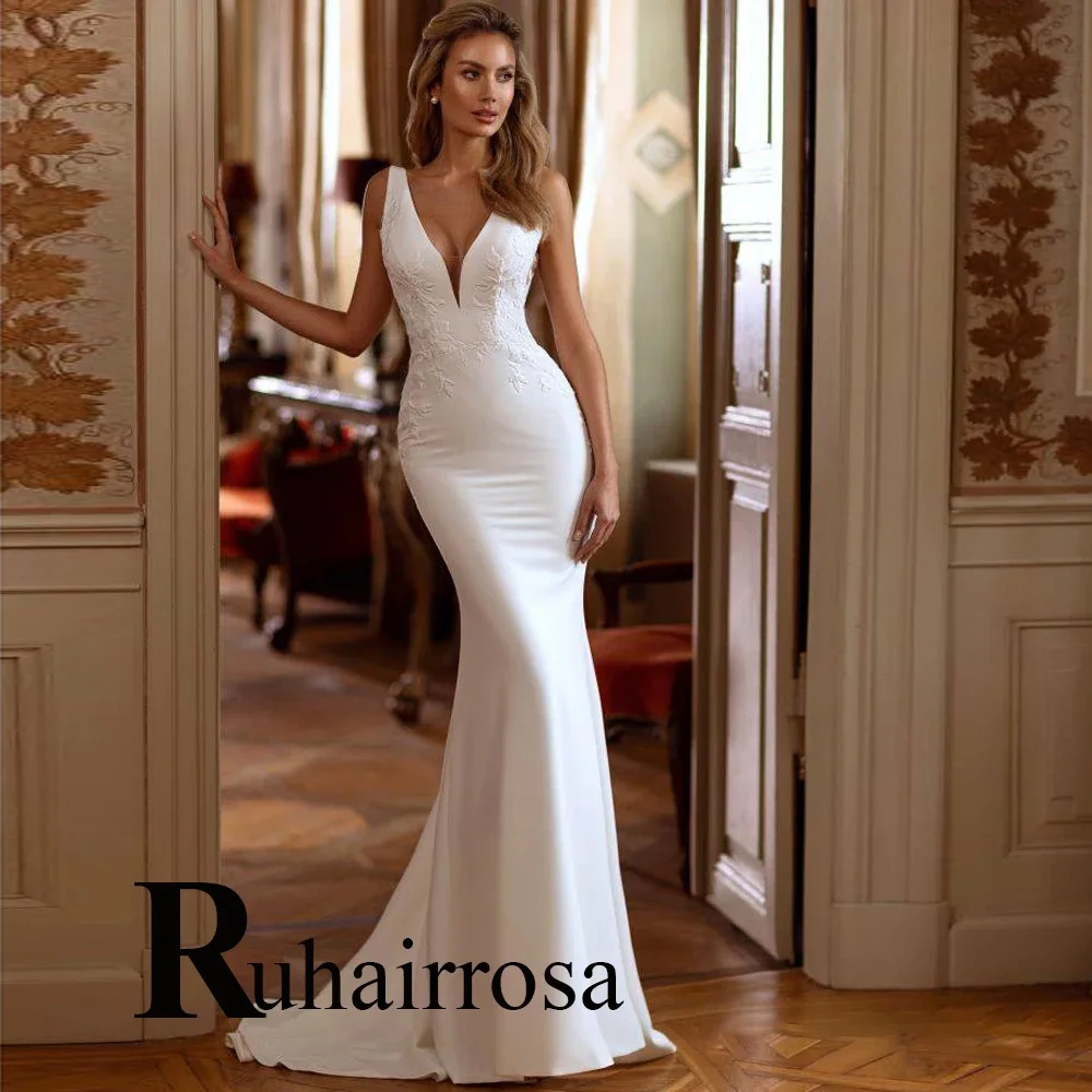 Ruhair-Robes de mariée sirène dos nu sexy pour femmes, appliques en dentelle, col en V, bouton précieux, satin, personnalisé, éducatif
