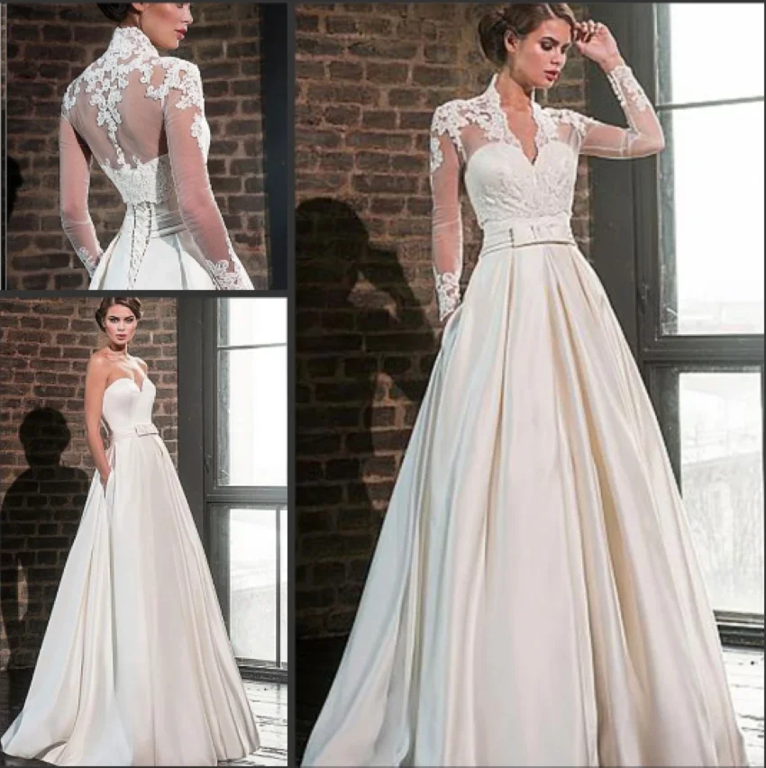 

V Neck Lace Jacket A-line Long Sleeve 2 in 1 Princess Bridal Gowns Robe de Mariee 2 Pieces Sweetheart Satin Wedding Dresses
