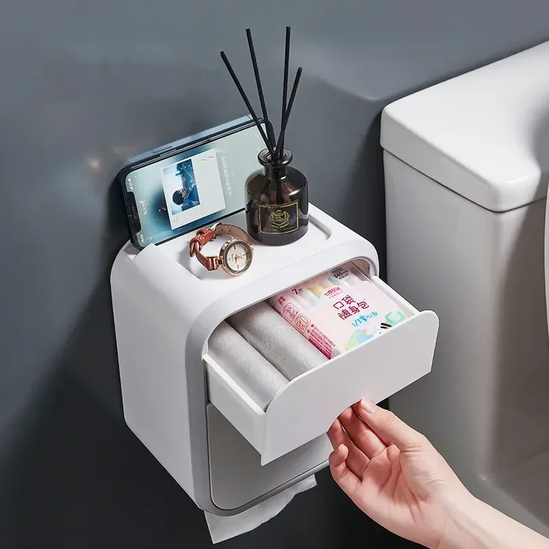 Toilet Paper Holder No Drill Tissue Hanger WC Rolhouder Waterproof Multifunctional Automatic Opening Bathroom Accessories