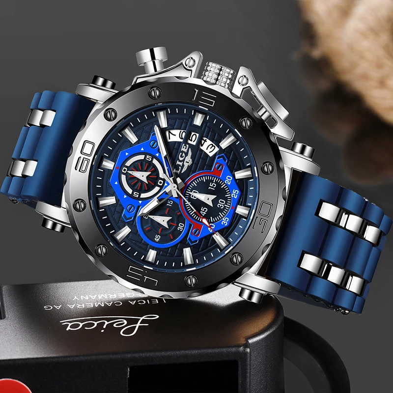 LIGE Top Brand Luxury Man Watch Waterproof Chronograph Luminous Date Wristwatch For Men Quartz Silicone Men's Watches Sprots