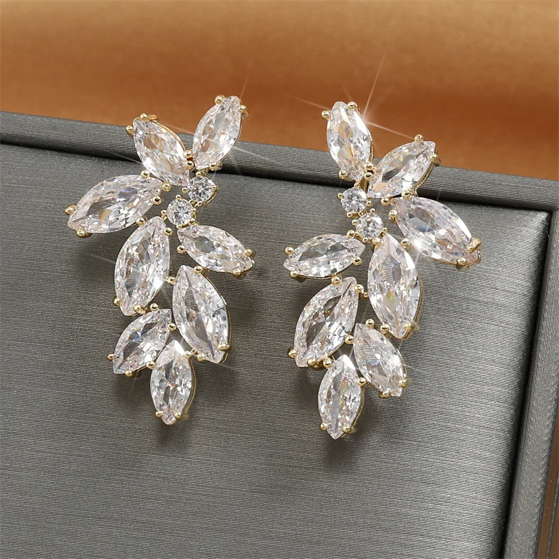Leaf Marquise Zircon Bridal Earrings for Women White Shiny Crystal Elegant Wedding Party Jewelry Crystal Earrings