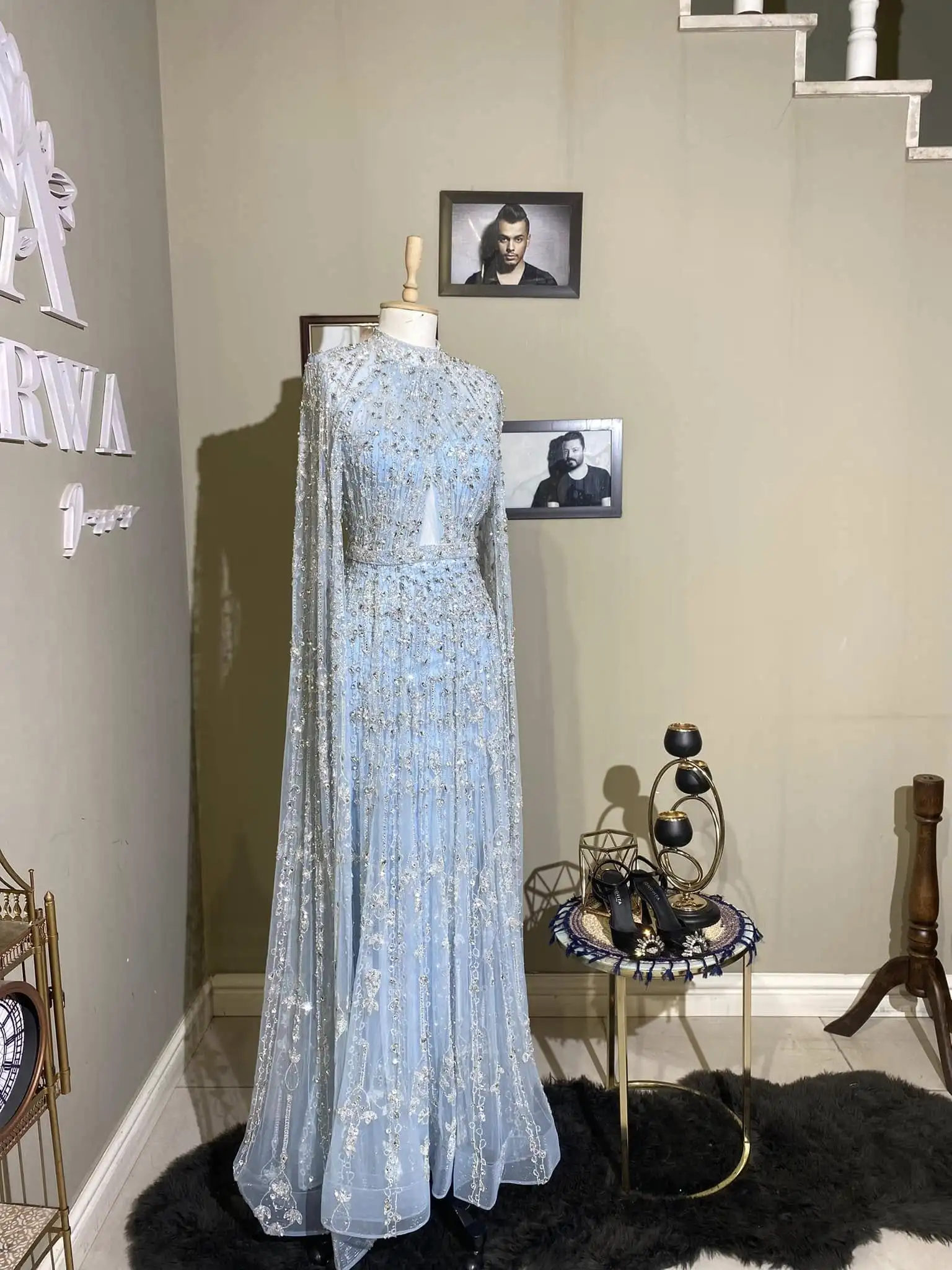 FATAPAESE Saudi Full Sleeve Fully Crystal Gown Wrape Tulle Beaded Sparking Gems Stones Bodice Removable Tail Cape