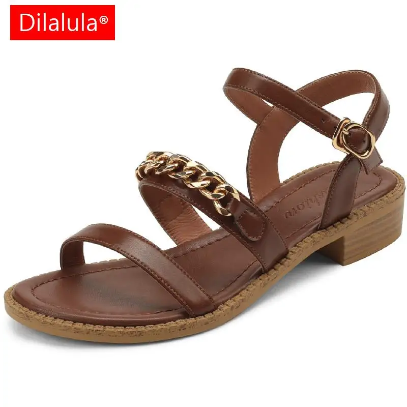 

Женские босоножки Dilalula 2023, летние лаконичные босоножки из натуральной кожи на низком каблуке с цепочкой в стиле ретро, Офисная повседневная женская обувь, новое поступление