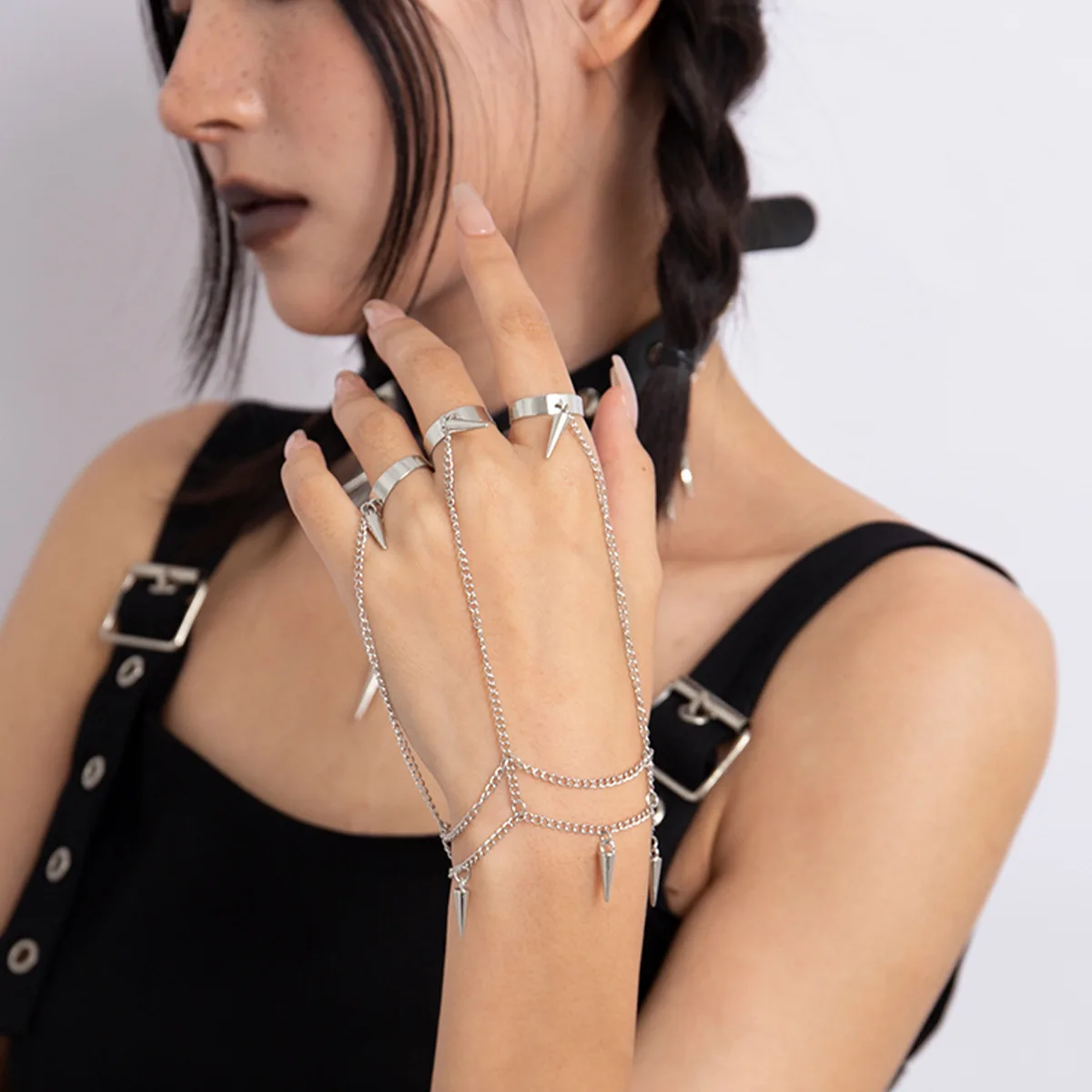 Stainless steel bracelet metal bracelet Punk geometric silver color chain wrist bracelet for men ring charm set couple Emo fashion jewelry gifts Pulera Mejer