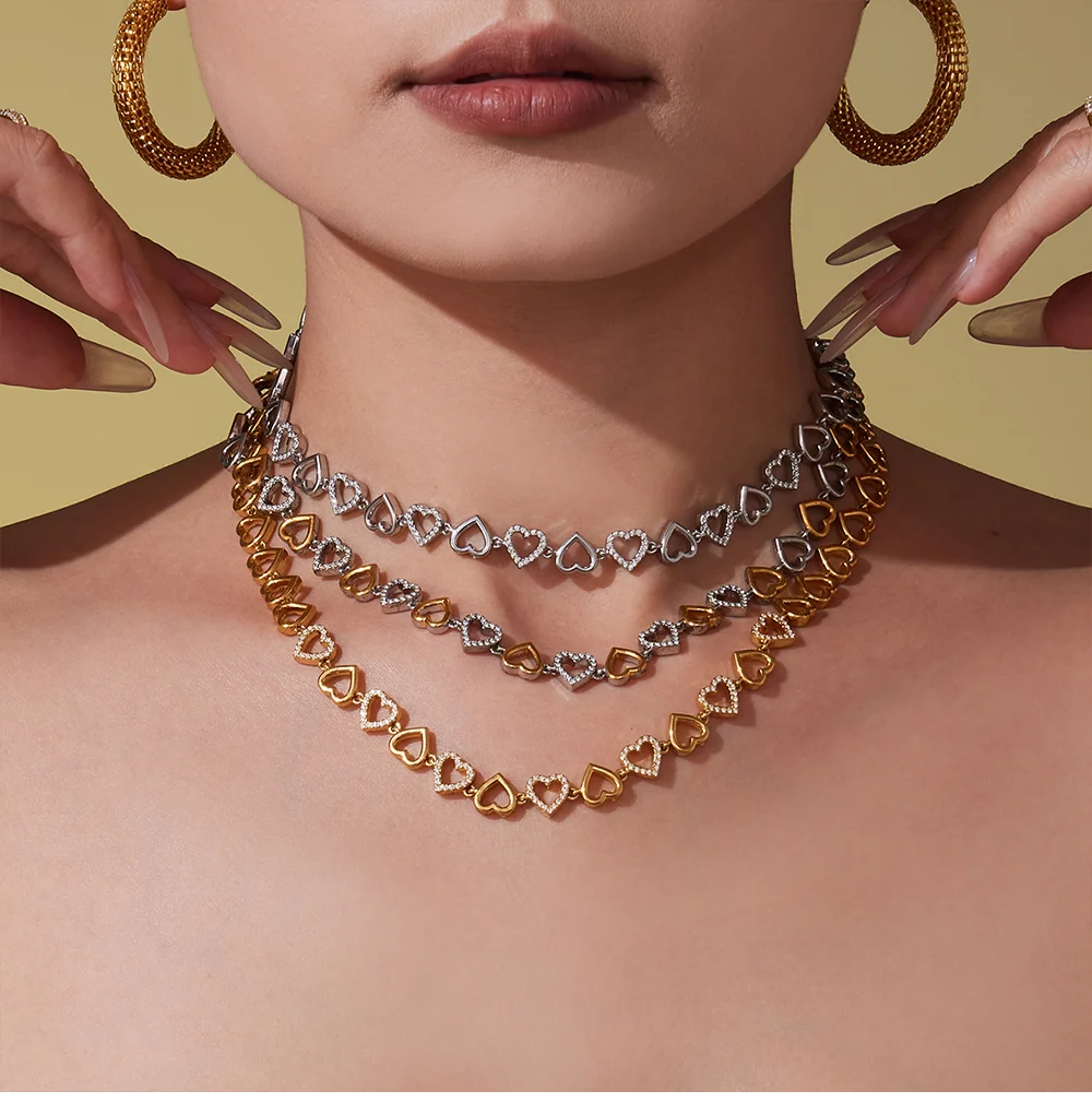 Herzförmige glänzende Zirkon-Kette, Halskette, goldenes Silber, Halsband für Damen, Edelstahl, vergoldetes Armband, Luxus-Schmuckset – Detail 6