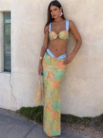 Weird Puss Summer Vacation 2 Piece Set Women Colorful Print Bra Tops+High-Waist Hollow Maxi Skirts Matching Midnight Clubwear