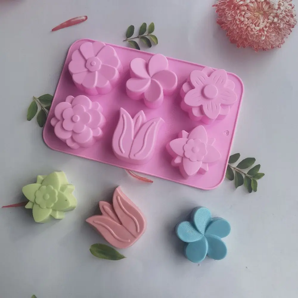 3D 6 Cavities Creative Flower Shaped Silicone DIY Handmade Soap Mold Fondant Cake Decorating Candle Mold Pudding Candy