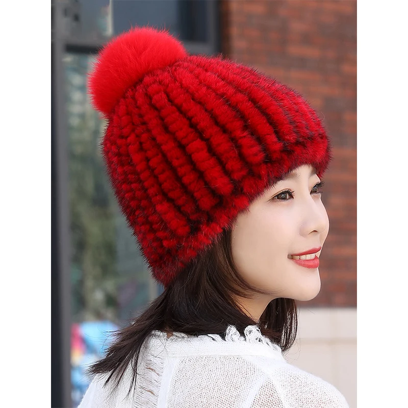

Natural Mink Fur Hat Women Winter Knitted Beanie Russian Girls Cap With Fox Fur Pom Poms Thick Female Fluffy Top Hats Elastic