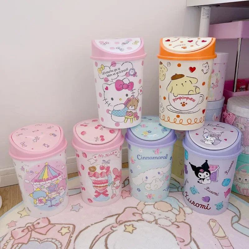 

Sanrio Little Twin Star Cinnamoroll Small Waste Bins with Lid Pompompurin Kuromi Desktop Garbage Basket Storage Box Organizer