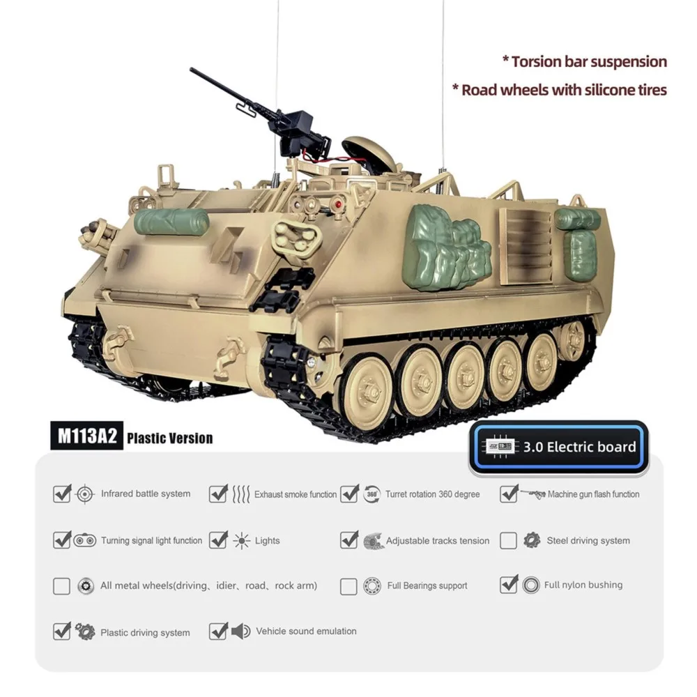1/16 톡데 RC 군용 탱크 M2412-C M113A2 APC 포탑 회전 360도 원격 조종 팬저 전동 장난감 적외선 LED 조명 사운드