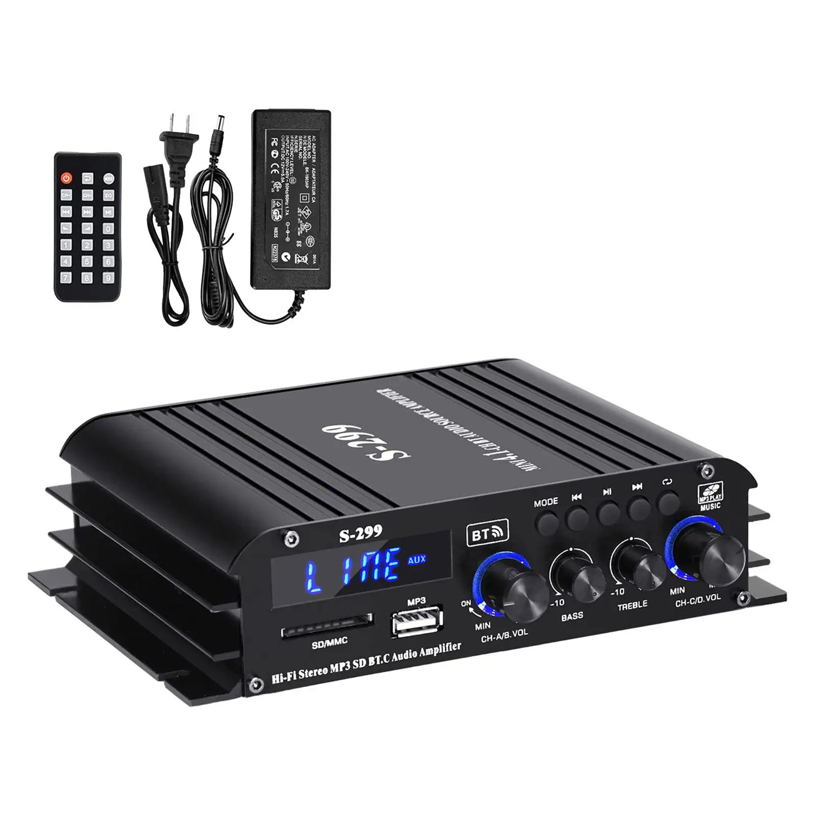 Power Amplifier Portable for Store Home Theater Subwoofer HiFi Stereo Amp MP3 USB AUX BT SD 4.1 Channel 40wx4 with Power Adapter