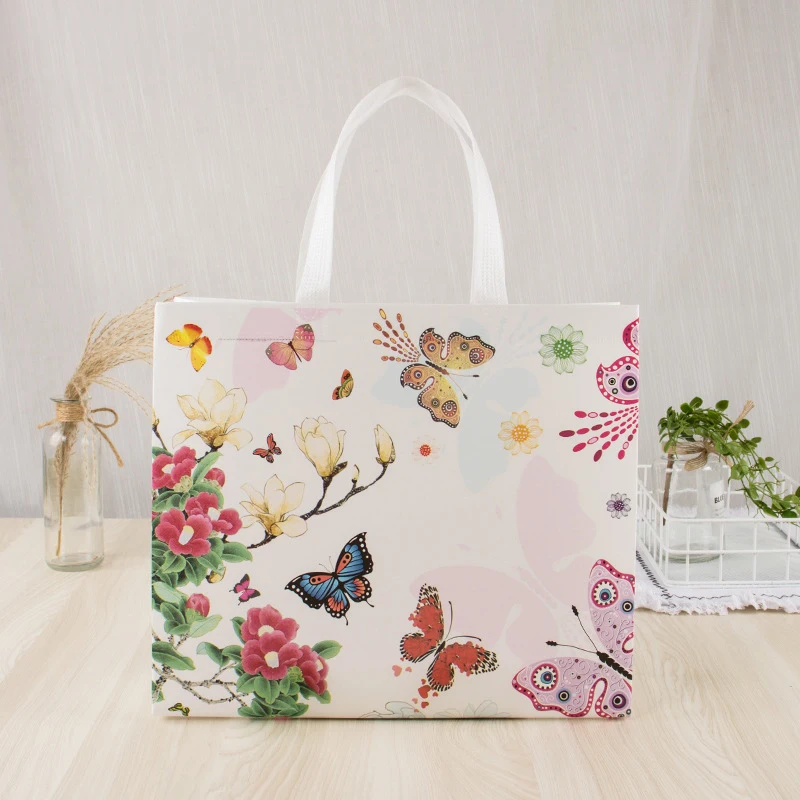 Butterfly Printing Folding Takeaway Bag Non-woven Fabric Film Coated Reusable Shopping Bag Travel Grocery Folding Bags 2