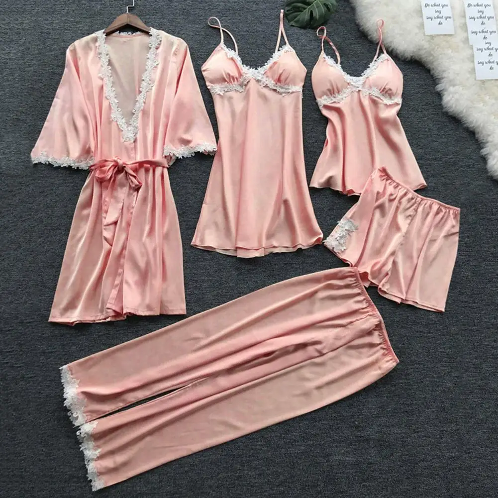 5 Pcs/Set Women Pajamas Suit Silky Satin Nightgown Nightdress Top Shorts Pants Set Lace Patchwork Lace-up Women Sleepwear Set women pajamas set women pajama suit