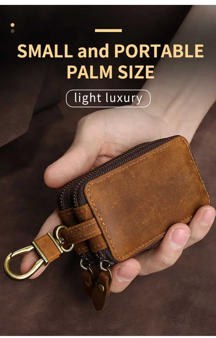 New Genuine Leather Car Key Pouch Wallet Double Zipper Crazy Horse Leather Designer Keychain Holder Organizer Key Case Bag Cover