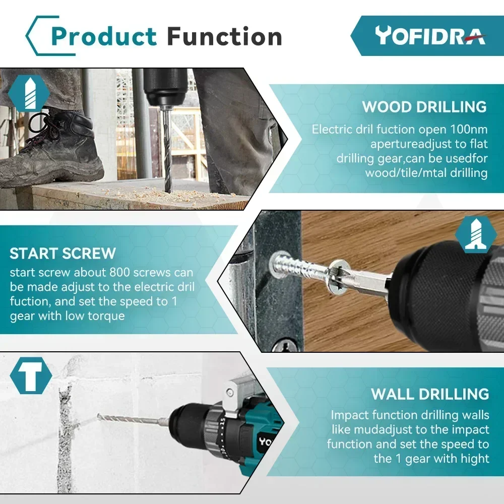 Yofidra 650NM 13MM Brushless Electric Drill 25+3 Torque Cordless Impact Drill Li-ion Electric Screwdriver For Makita 18V Battery 5