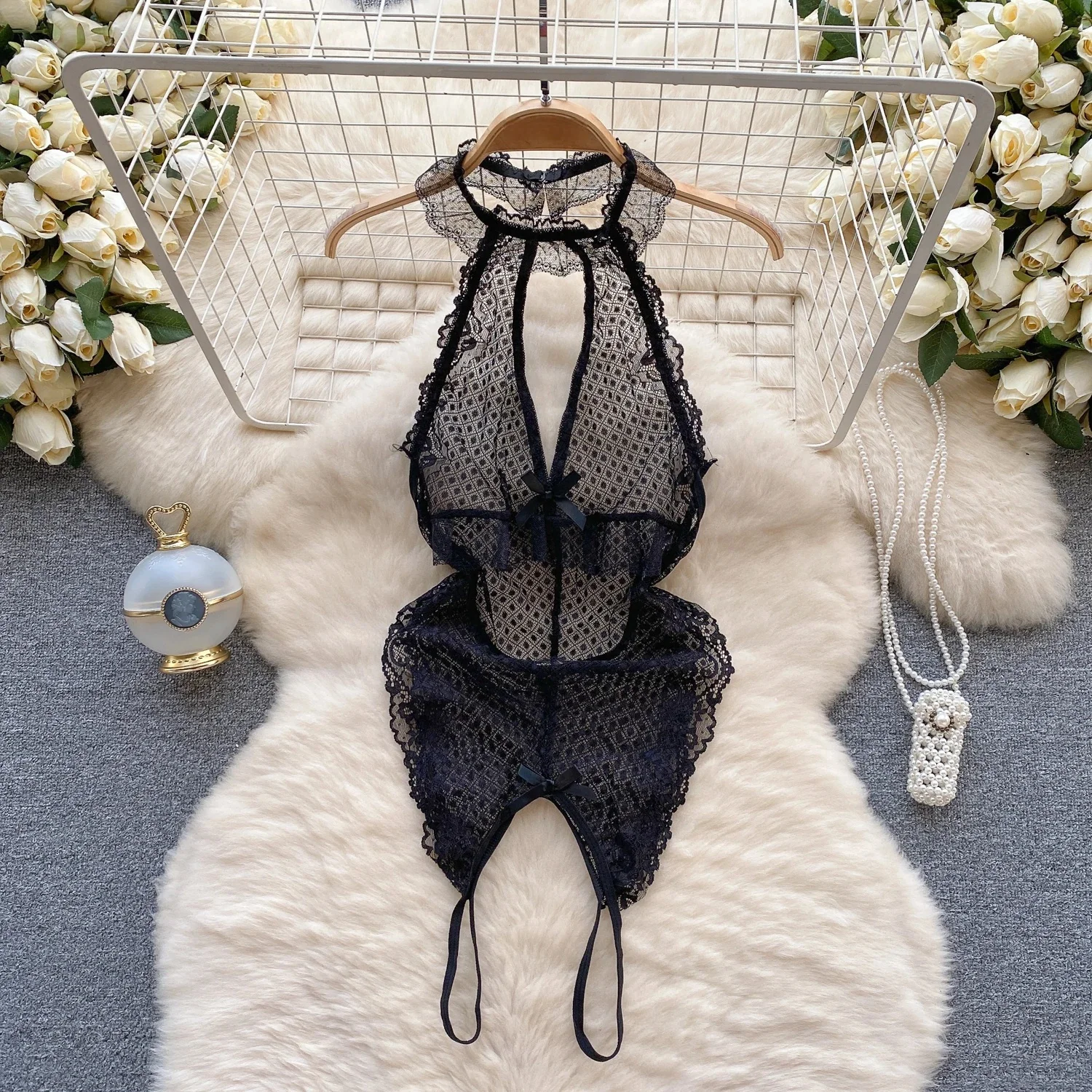Short Women's 2 Piece Suits Contrast Lace Lingerie Tie Front Mesh Spaghetti Strap Bralette and Panty Sexy Top+pants Set