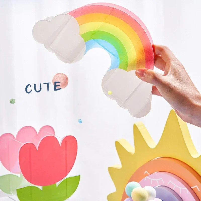 Rainbow Cactus Shape Acrylic Pen Holder Cute Multi Compartments Pencil Box Kids Desktop Stationery Organizer Decoration 4