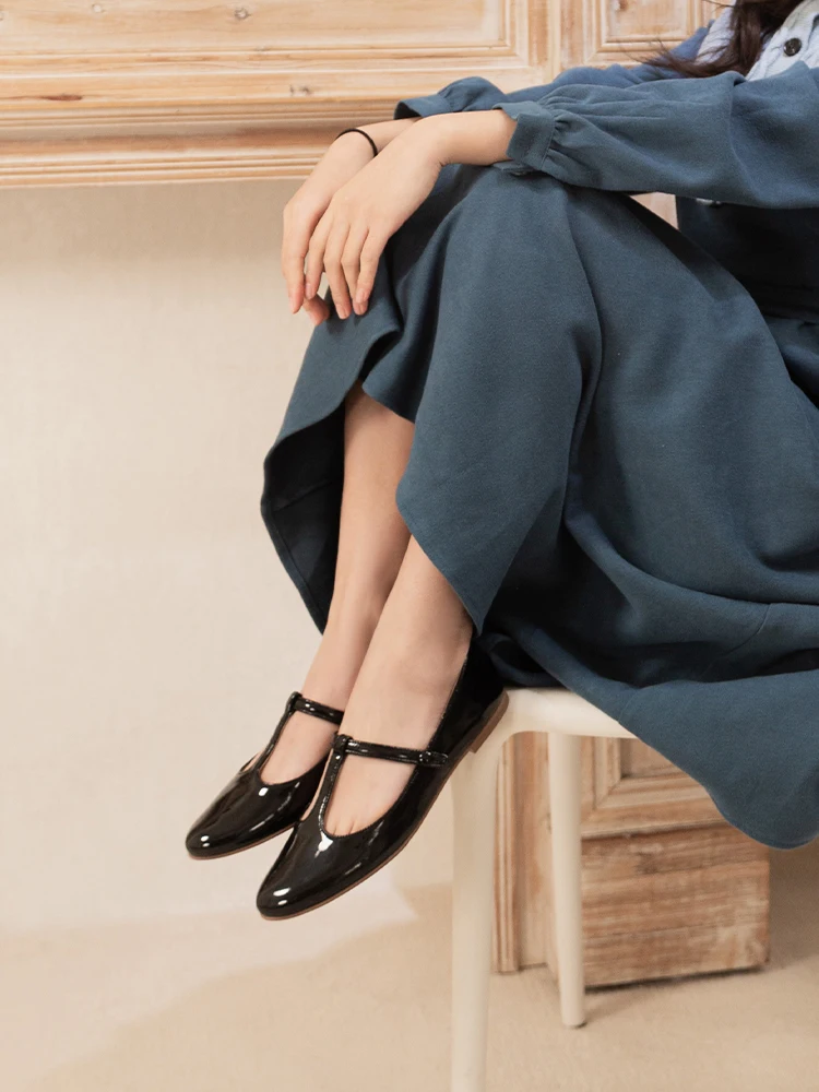 Black Patent Maryjane Flats T-strap Vintage Women Shoes Pointed