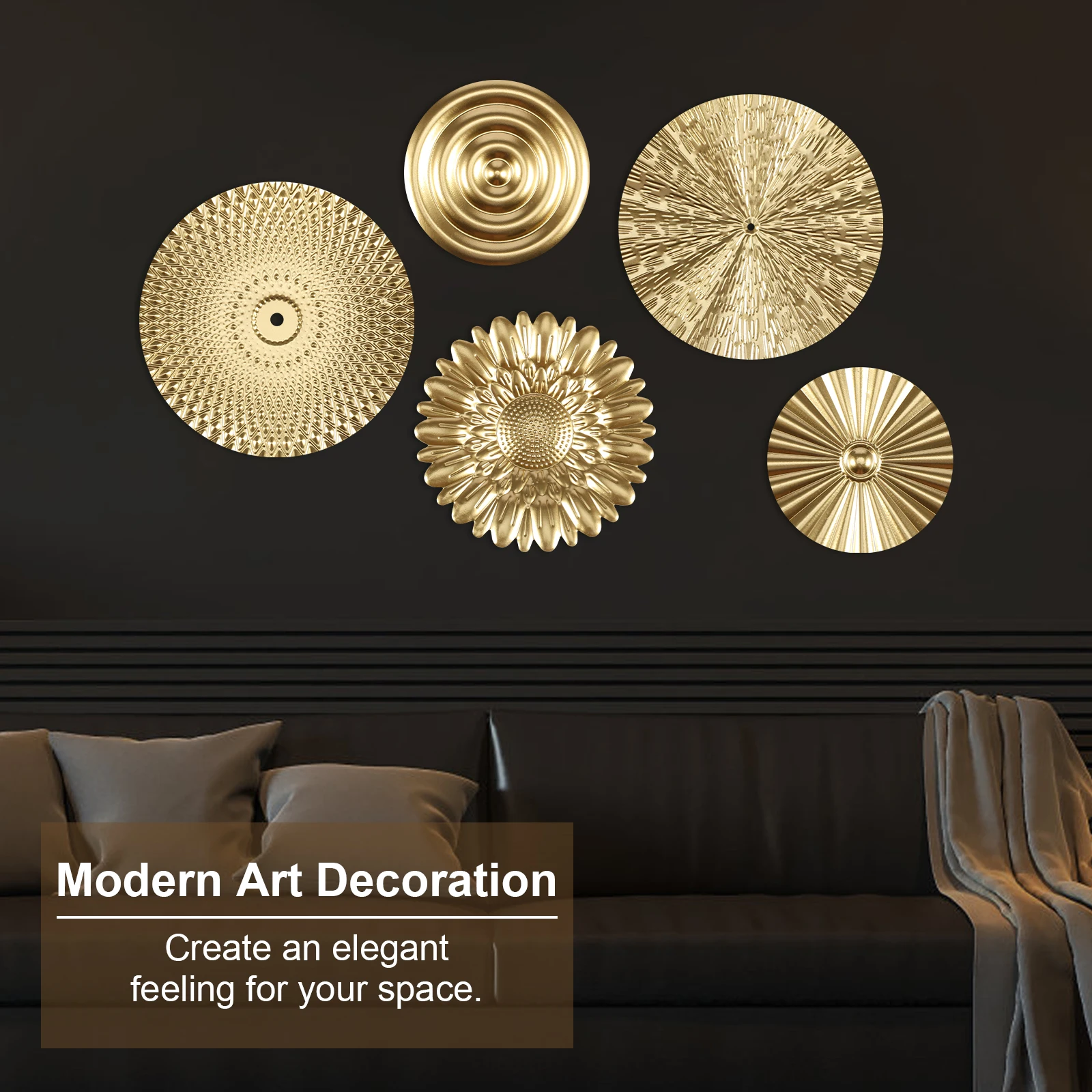 3/5 Pcs Metal Decor Disc Round Golden Wall Decoration Wall Mounted Round Plate Pendant Detachable Decor Disc for Home Decoration
