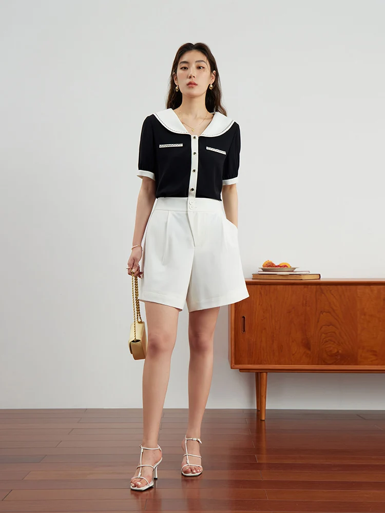 DUSHU High Waist Women White Commuter Suit Shorts Waist Two Button Design Female Loose Casual Solid Shorts Summer Twill Pants