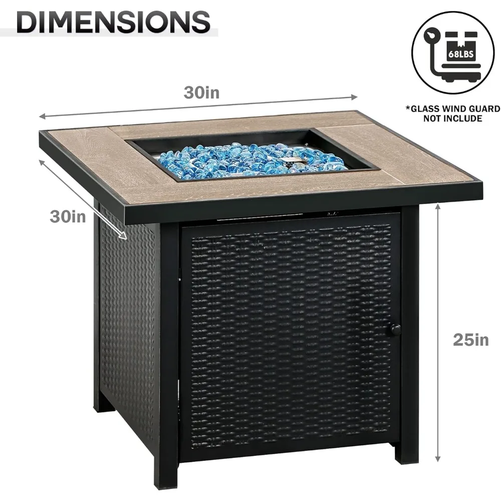 Propane Gas Pit Table, Square Gas Pit with Fire-resistant Glass, Suitable for Outdoor Use, 30 Inch, 50000 BTU