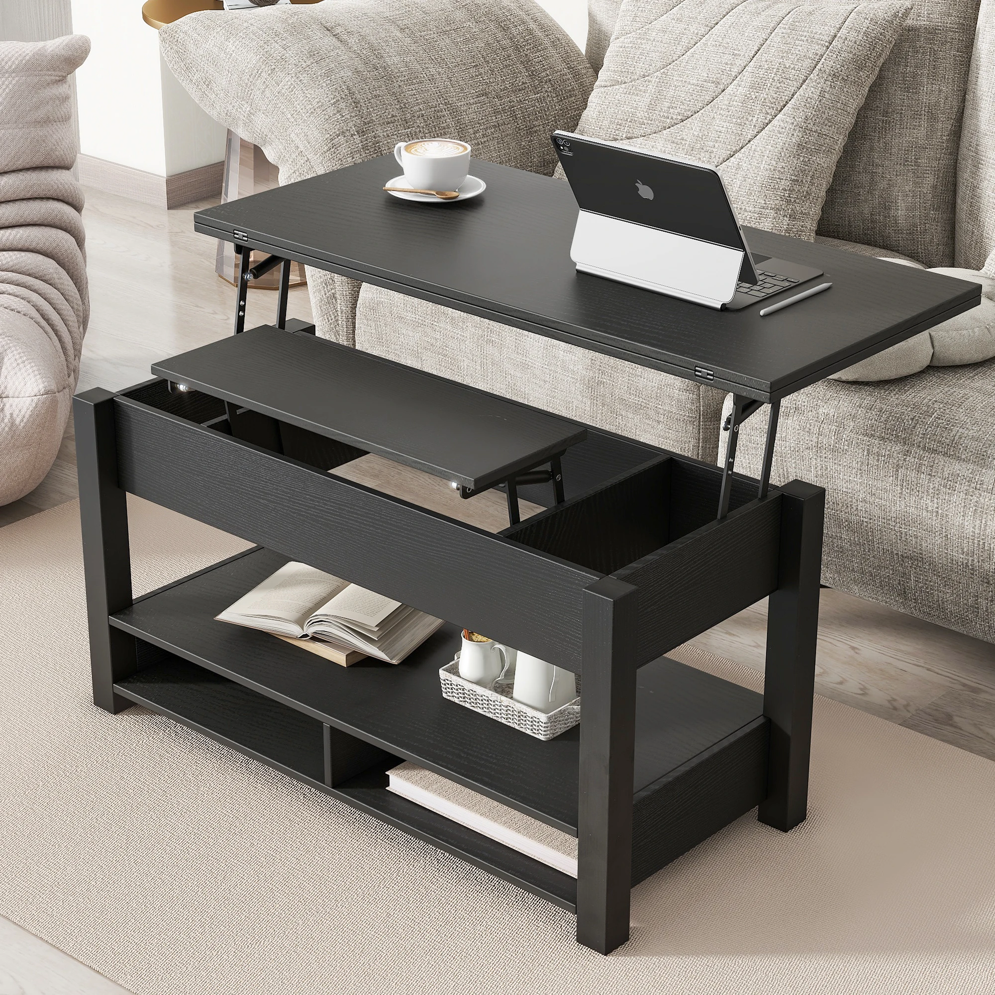 

Lift Top Coffee Table with Open Shelves, Modern Lift Tabletop Dining Table