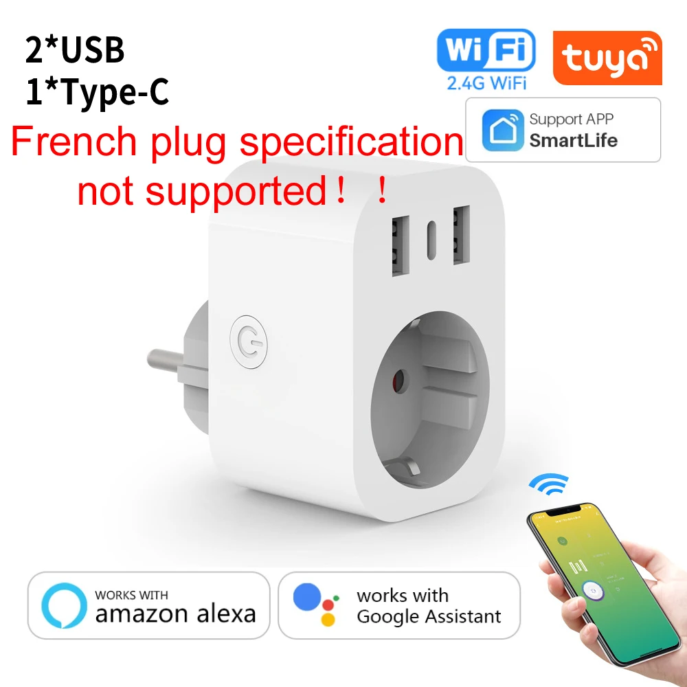 Prise intelligente Wifi Tuya 16A, prise ue avec Port de chargeur de Type C, adaptateur d'extension pour appareil ménager intelligent, fonctionne avec Alexa Google