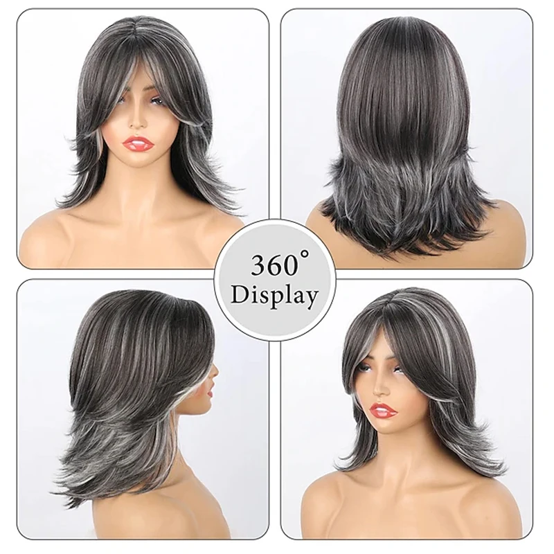 HAIRJOY Dark Gray Ombre Layered Wigs with Bangs for Black Women Synthetic Hair Short Gray Highlight Straight Layered Bob Wig