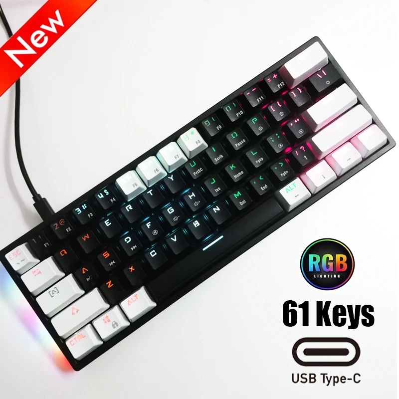 Mini Gaming Mechanical Keyboard 61 Keys Type-C Blue Switch RGB Lights Adjustable Ergonomics Wired Keyboard For Gamer Laptop PC