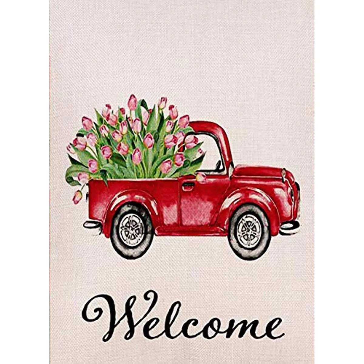 

New Home Decorative Love Valentine's Day Small Garden Flag Tulips Flower Double Sided Welcome Quote, House Red Truck