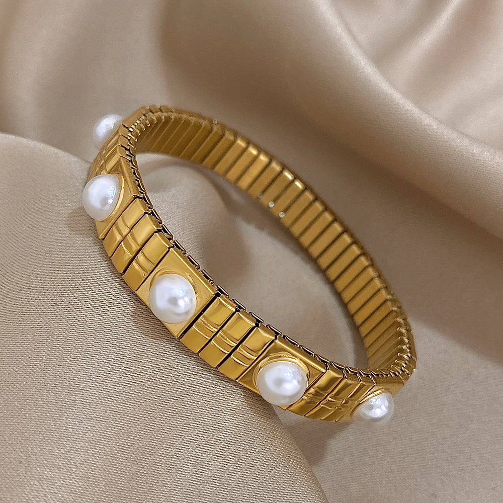 Imitation Pearls Elasticity Bracelets Stainless Steel Elastic Scalable Bangles for Women Cuff Wristband Waterproof Jewelry 4