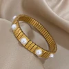Imitation Pearls Elasticity Bracelets Stainless Steel Elastic Scalable Bangles for Women Cuff Wristband Waterproof Jewelry 4