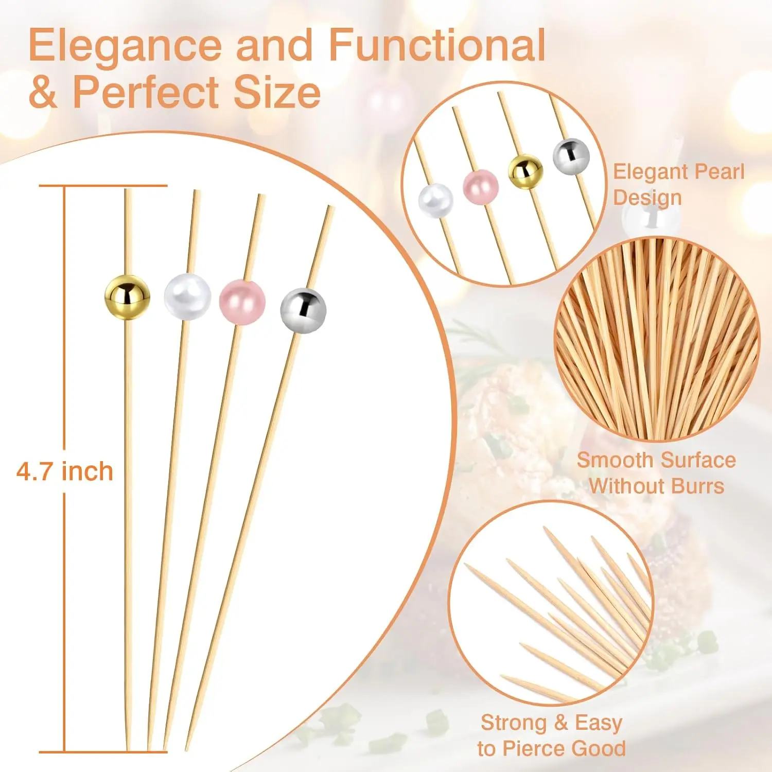200 Cocktail Picks, Decorative Pearl Fancy Toothpicks for Appetizers, 4.7 IN Long Bamboo Skewers Wood Garnish Sticks for Food